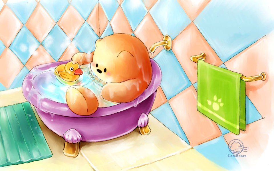 Cute Bear Bathing With Yellow Rubber Duck Cartoon Illustration