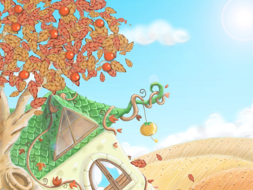 Autumn Fairytale Cottage Persimmon Tree Illustration