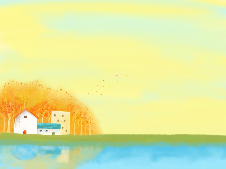 Autumn Forest Lakeside Cottage Illustration