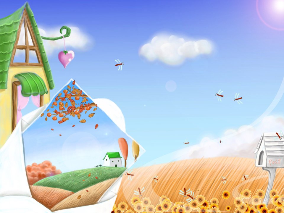 Autumn Fairytale Cottage And Sunflower Field Illustration