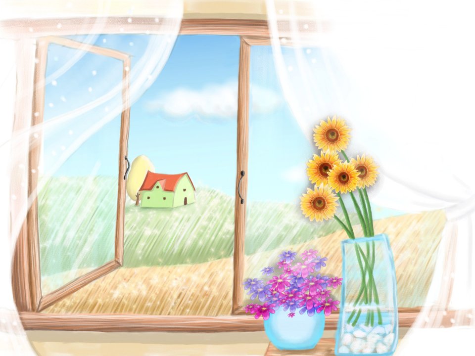 窗外的夏日田野与向日葵插画
