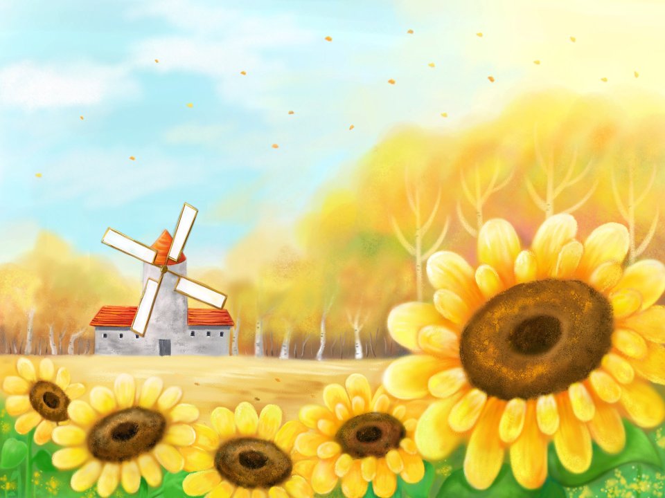Autumn Sunflower Field With Windmill Illustration