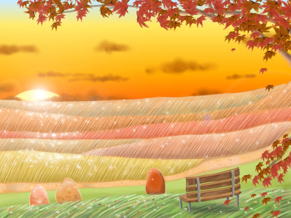 Autumn Sunset Maple Bench Illustration