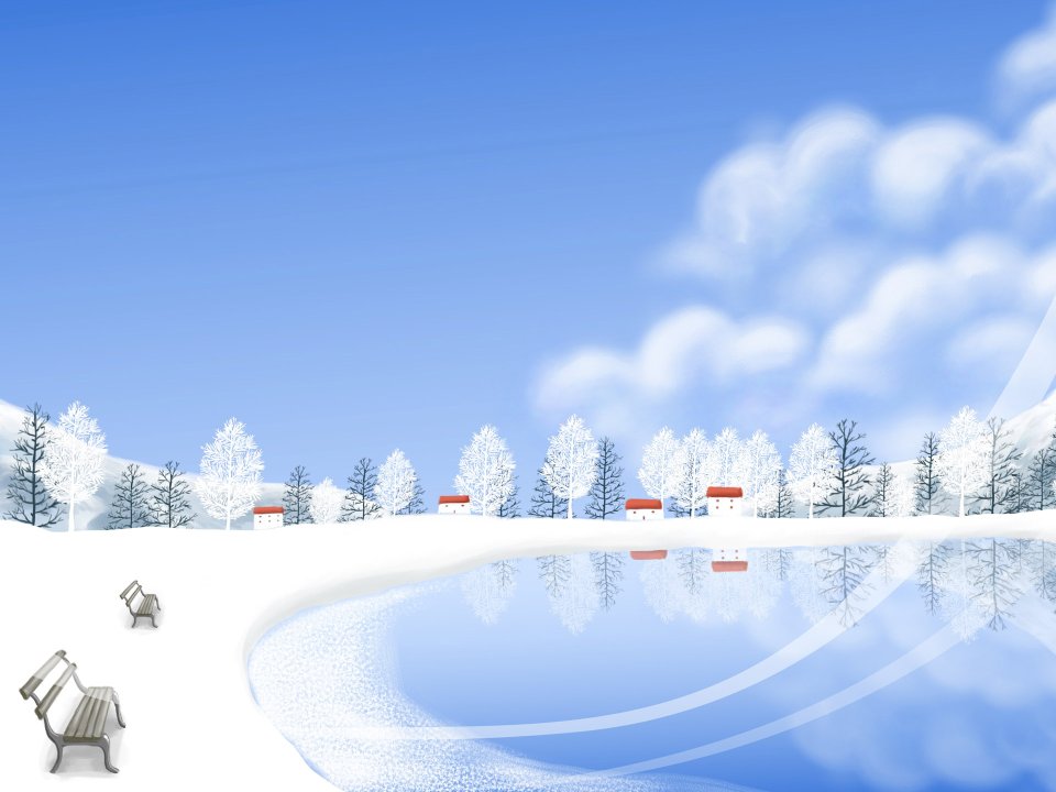 冬季雪景湖畔长椅插画