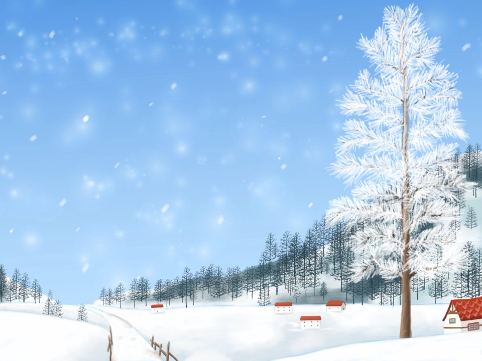 冬日雪景松树与小屋插画
