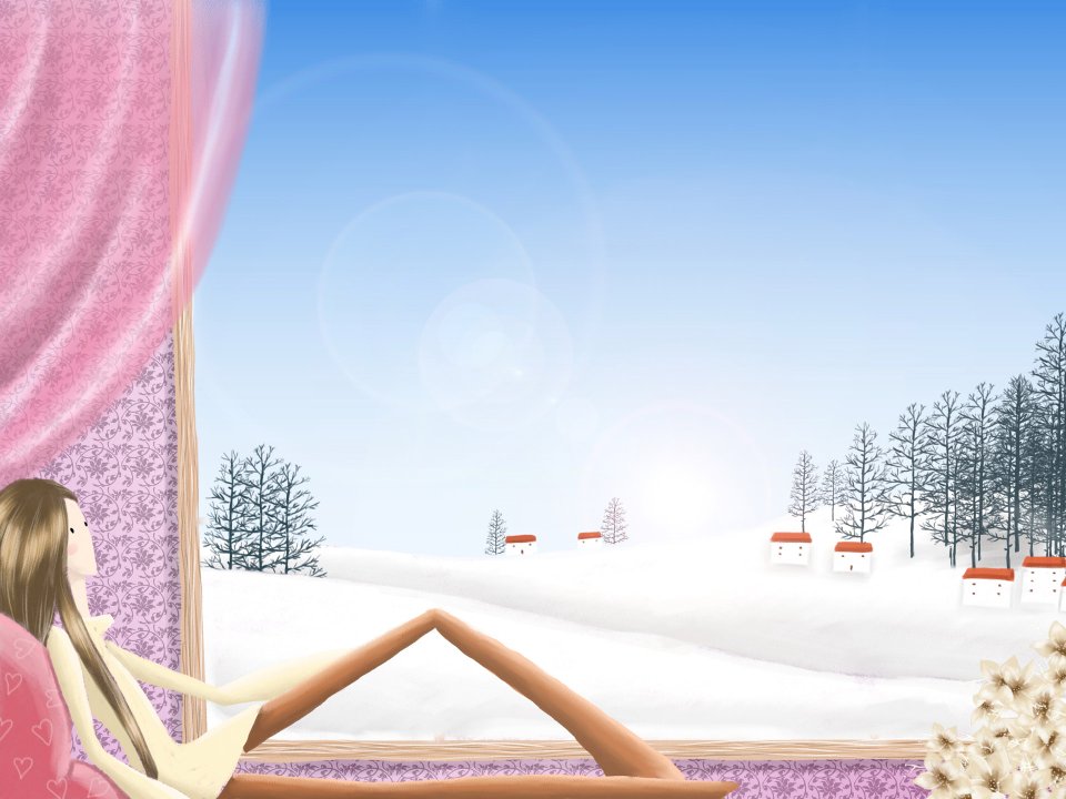 少女窗边眺望冬季雪景插画