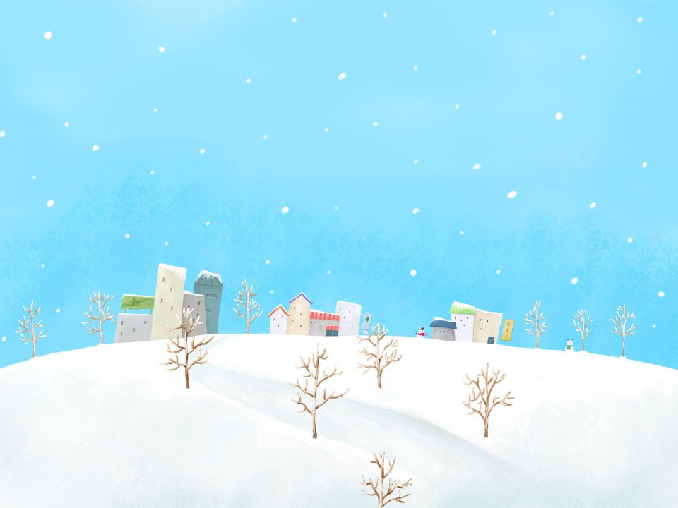 冬季雪中小镇手绘插画