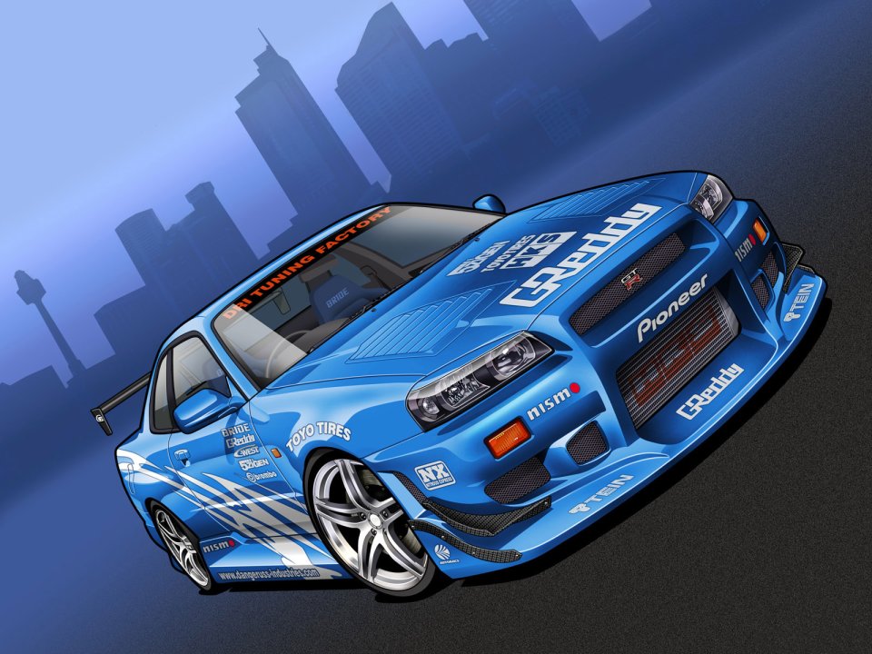 日产 Skyline GT-R R34 改装赛车矢量插画