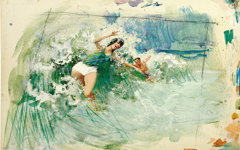 Catching A Wave 夏日海滨男女逐浪戏水复古水彩插画