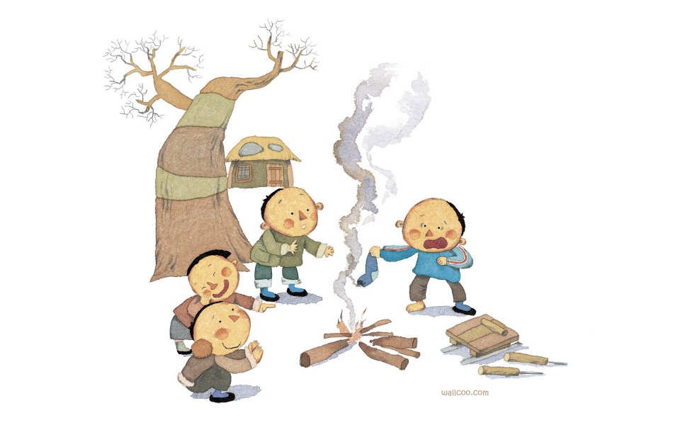 童年A-01 怀旧乡村孩童围炉烤火童趣插画