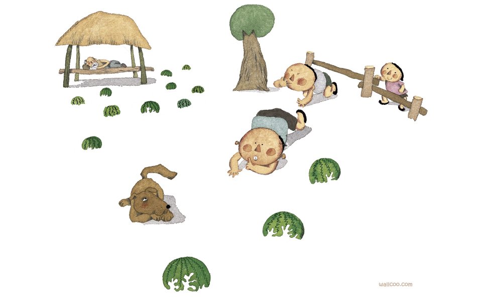 童年系列A-8 孩童偷西瓜乡村童趣水彩插画