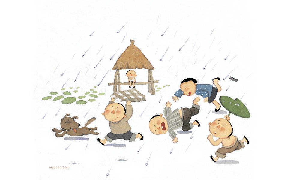 怀旧童年水彩插画 雨天孩童嬉闹场景