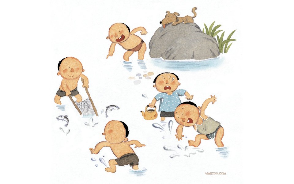 怀旧童年童趣插画 孩童夏日溪边戏水捞鱼