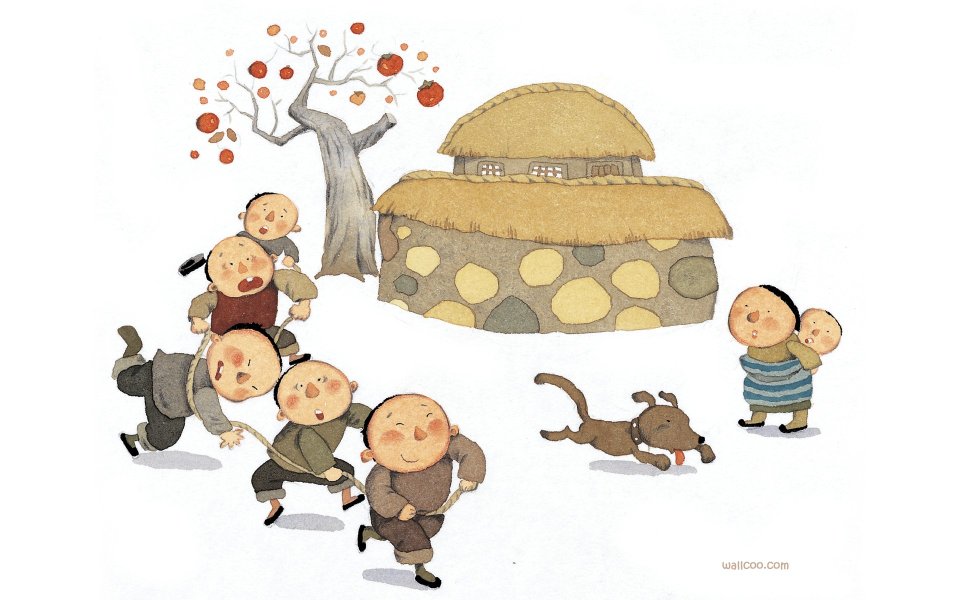 乡村童年孩童拔河嬉戏国风插画
