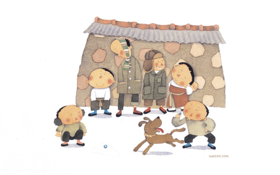 Childhood C 02 Illustration Kids Playing Marble Outside Old Stone House