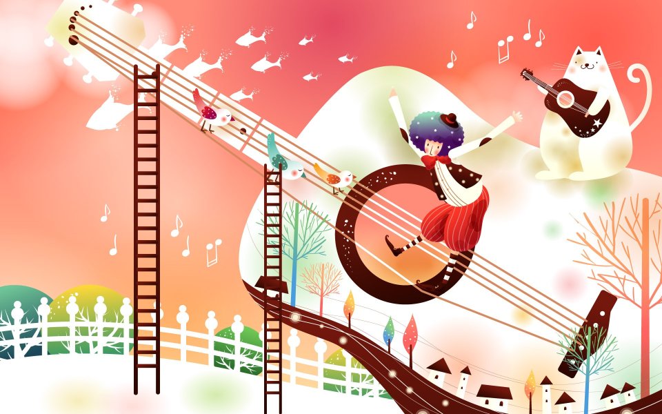 卡通梦幻吉他音乐世界插画