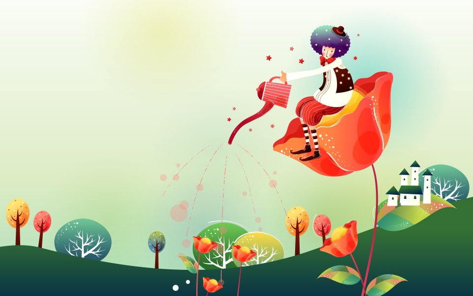 Boy Watering Flowers In Fairytale Land
