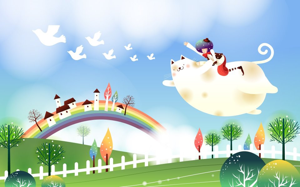 Fairytale Land Girl Riding Flying Cat