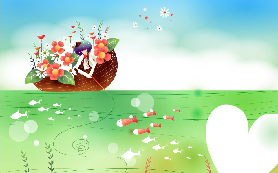 卡通插画：花船上的垂钓者