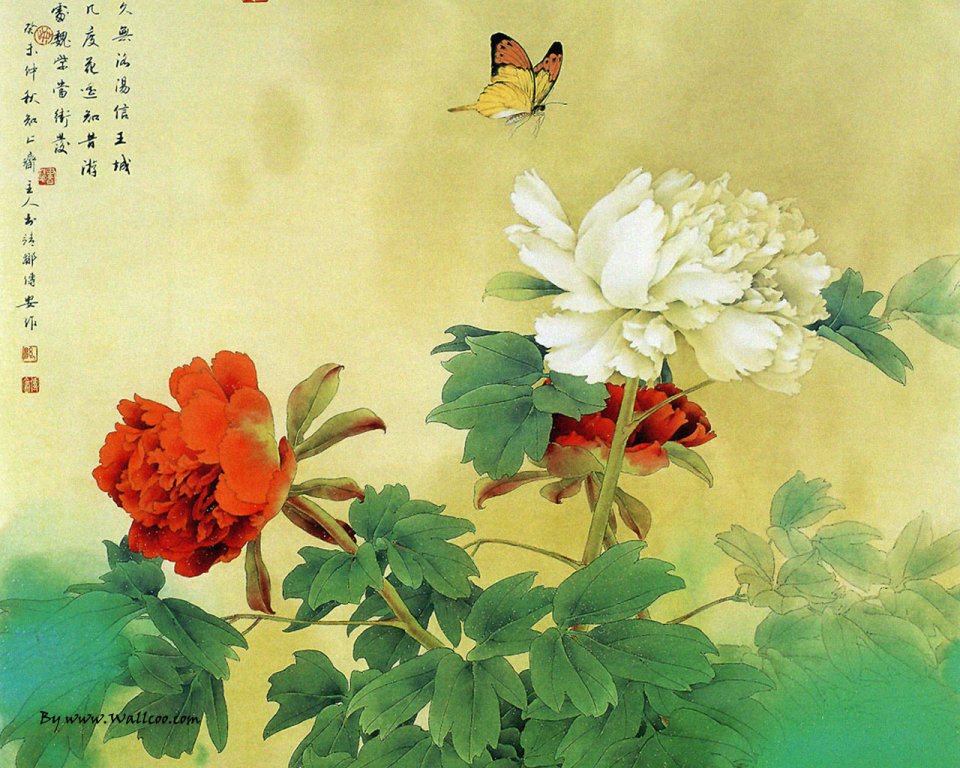 邹传安工笔牡丹彩蝶国画