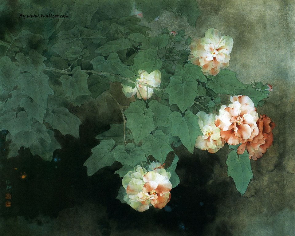 邹传安工笔国画 木芙蓉花卉图