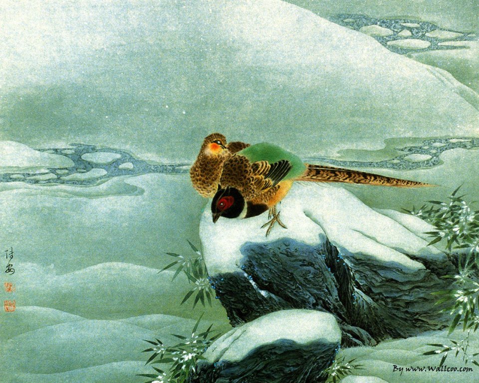 Zou Chuan An Chinese Gongbi Painting Winter Snow Pheasants