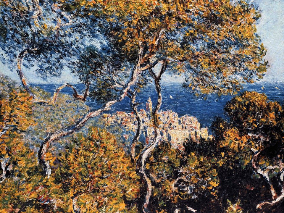 克劳德·莫奈 地中海海岸松树与小镇风景印象派油画