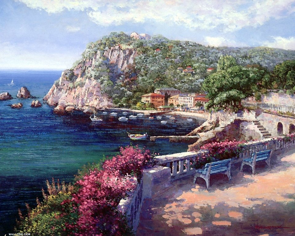 西班牙布拉瓦海岸地中海滨海风光油画
