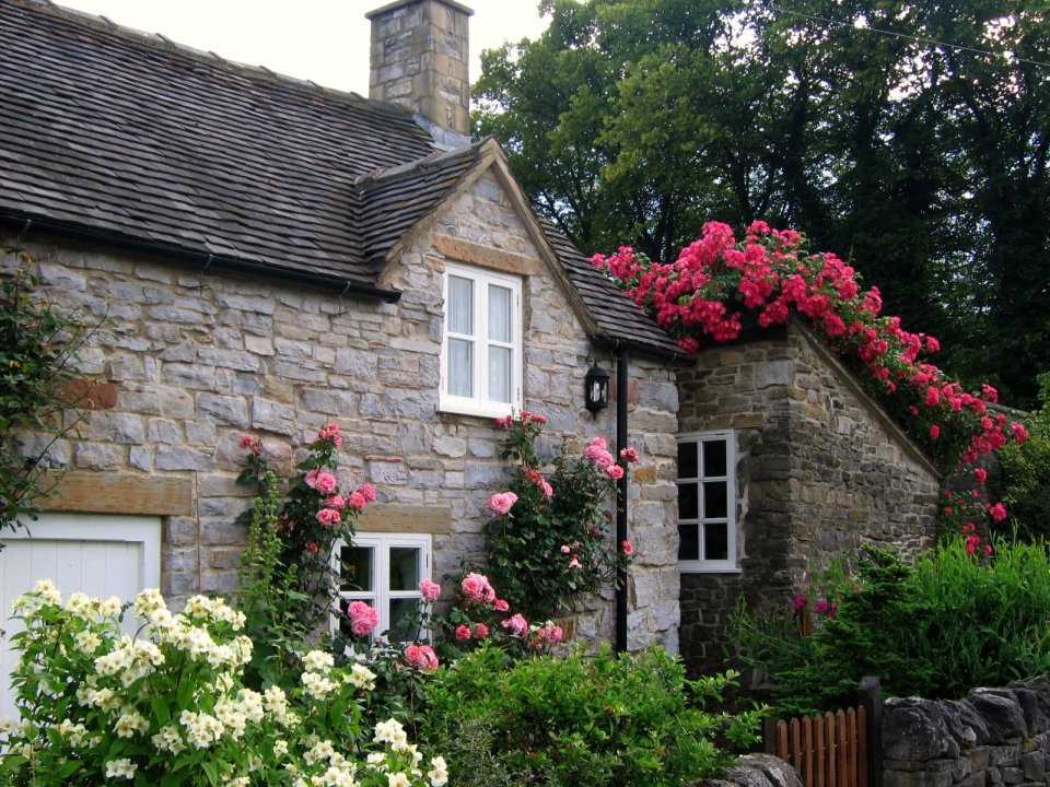 英国德比郡Tissington步道Thorpe村 爬满玫瑰的石砌乡村小屋
