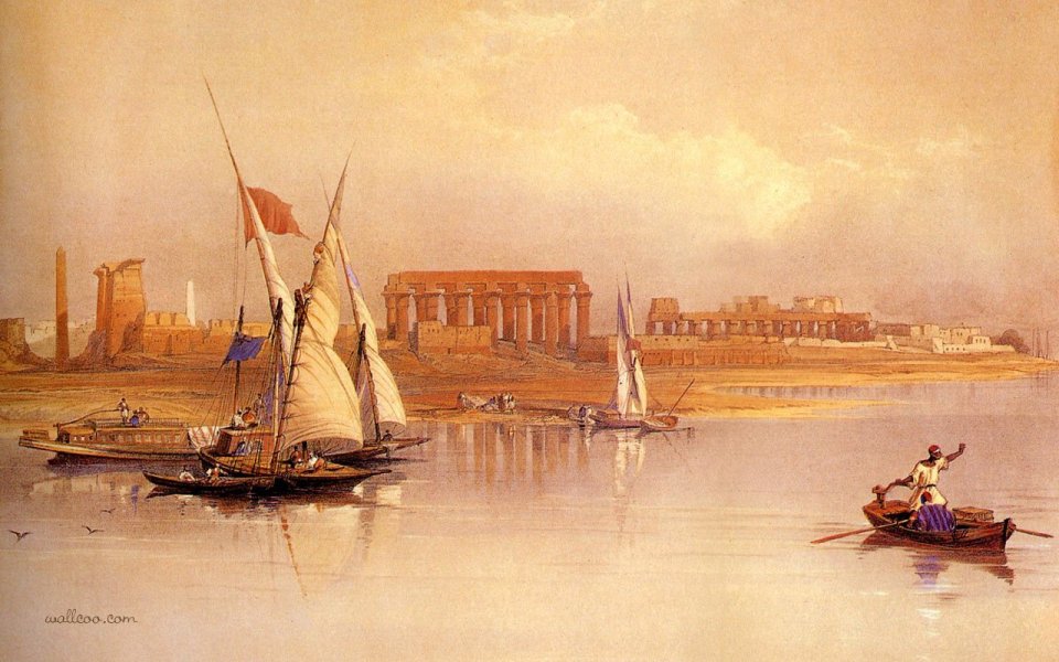 大卫·罗伯茨1838年作品 尼罗河眺望卢克索古埃及遗址水彩画
