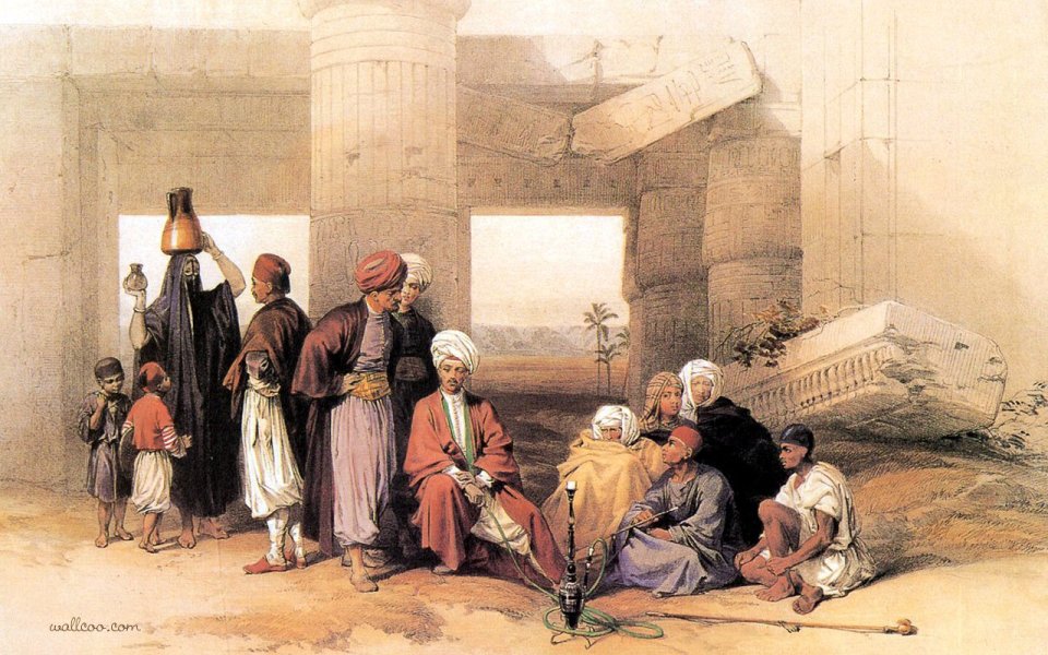 David Roberts 1838 Ottoman Figures At Temple Of Amon Watercolor