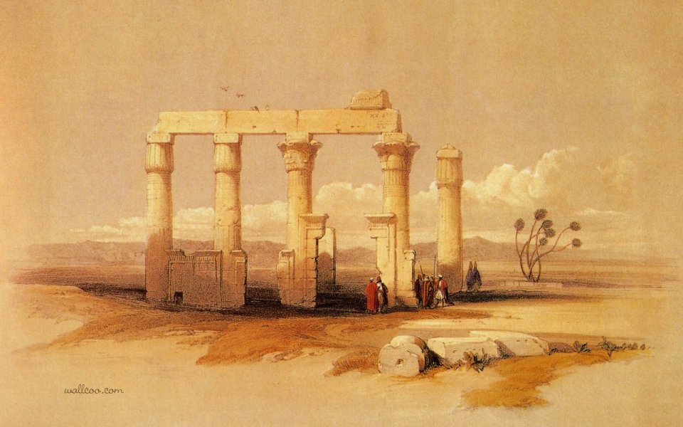 David Roberts Ruined Medamut Temple Egypt Watercolor