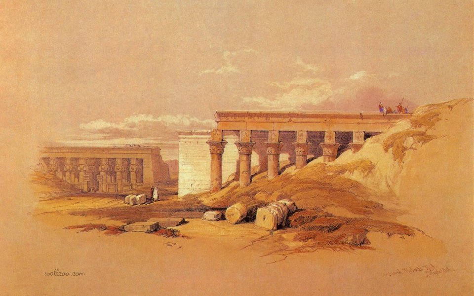 大卫·罗伯茨1838年 古埃及蒂丰神庙遗址水彩画