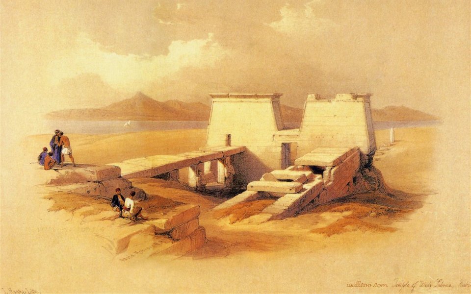 大卫·罗伯茨 1838年 瓦迪萨布亚神庙水彩风景画