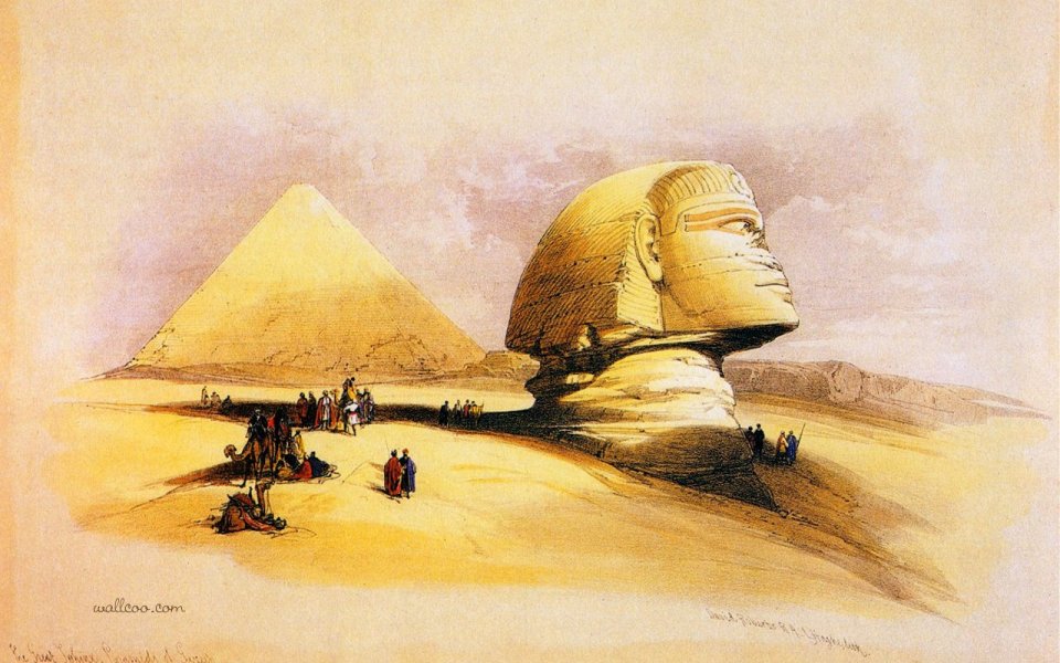 大卫·罗伯茨 1838年吉萨狮身人面像水彩画