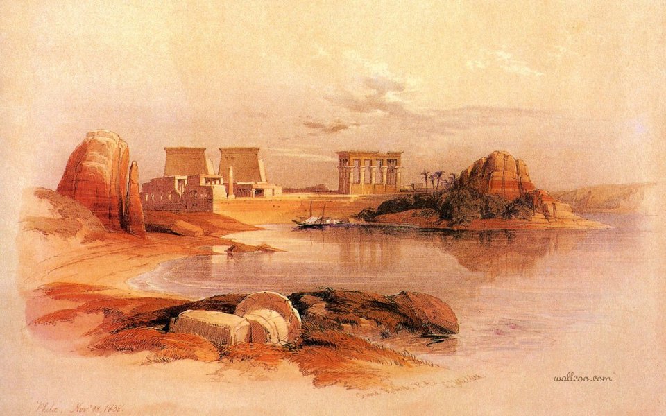 大卫·罗伯茨1838年作品 尼罗河眺望菲莱神庙水彩画