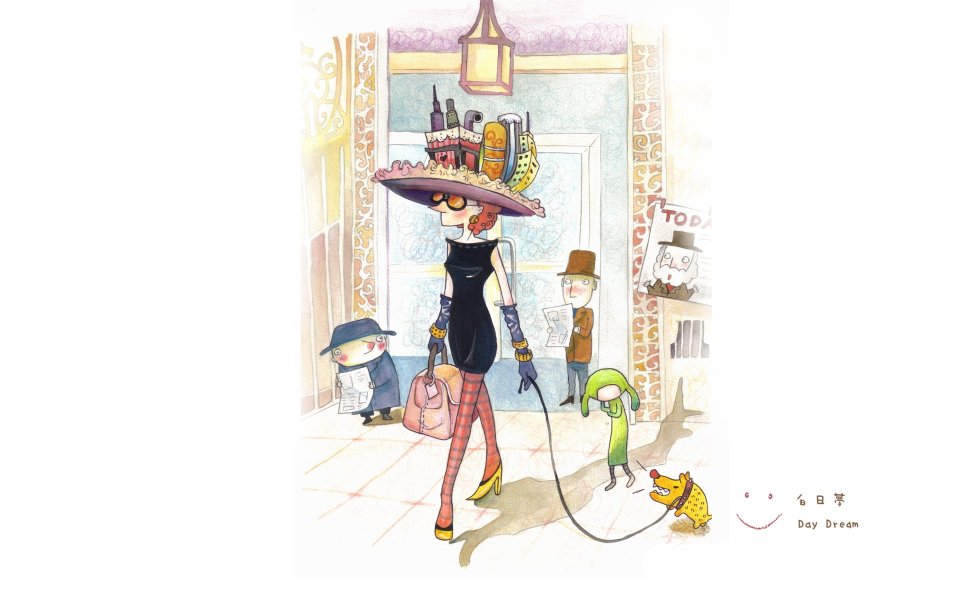 Daydream Series Fashion Lady Walking Dog Watercolor Illustration