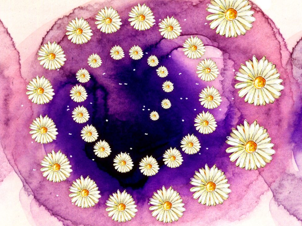 Dreamy Purple Watercolor Daisy Spiral Illustration