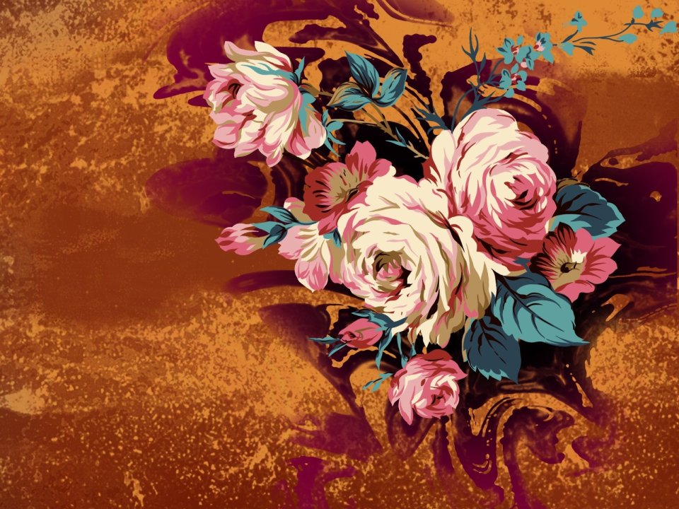 Vintage Warm Toned Pink White Rose Floral Decor Illustration