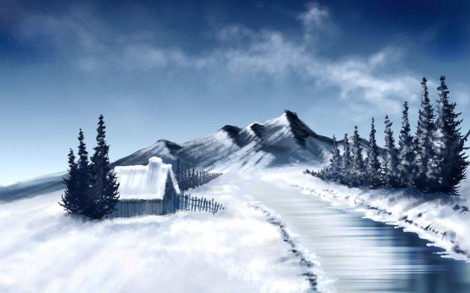 梦幻冬日雪原雪山 积雪小木屋冰封溪流水彩风景插画