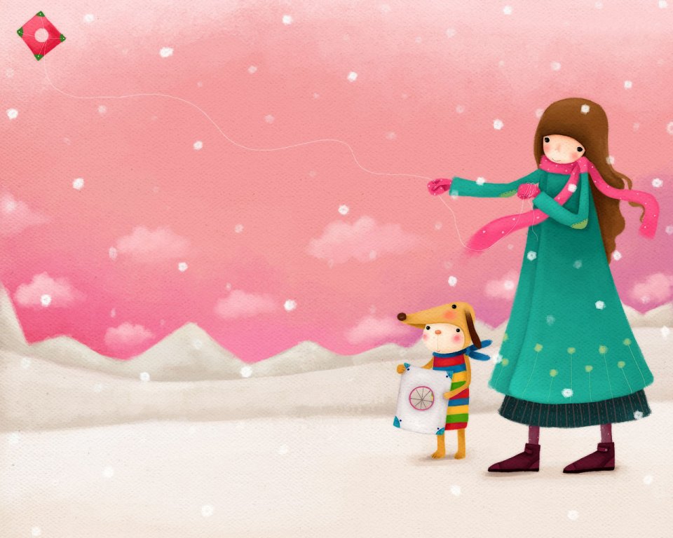 雪地里放风筝的女孩与小狗