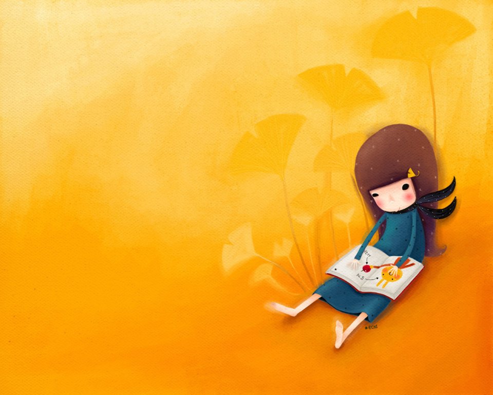 Echi插画：银杏树下的阅读女孩