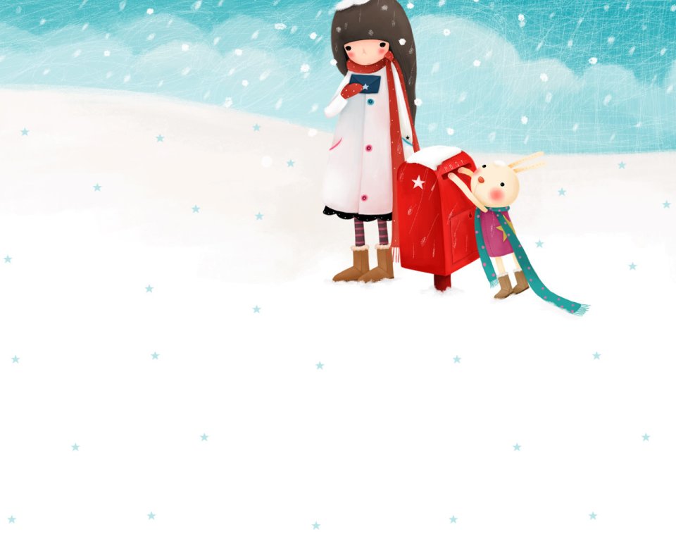 治愈系绘本风：雪地里的女孩与兔子邮筒