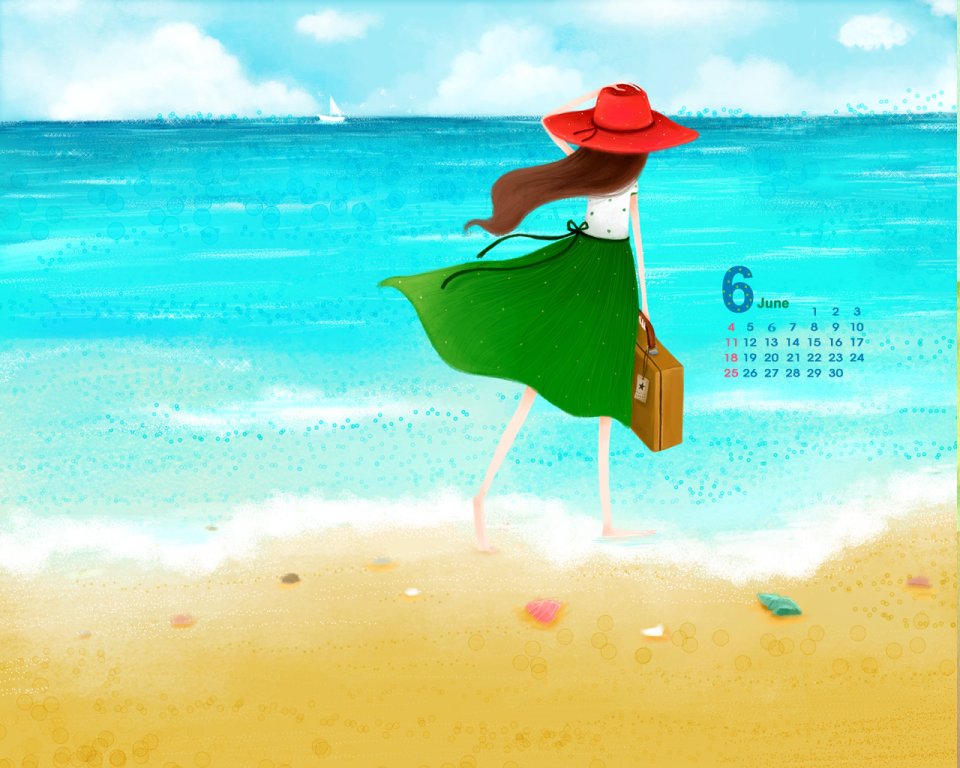 June Summer Beach Vacation Girl Calendar Illustration