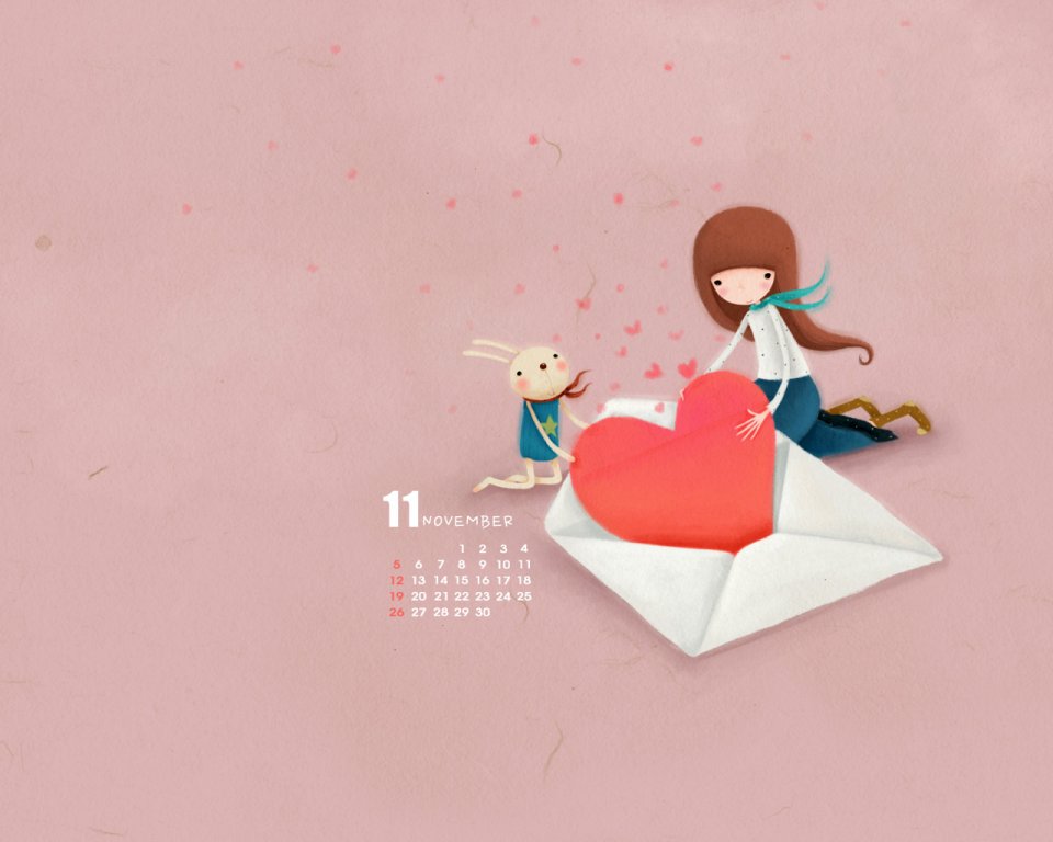 十一月温馨治愈系女孩与兔子爱心插画日历