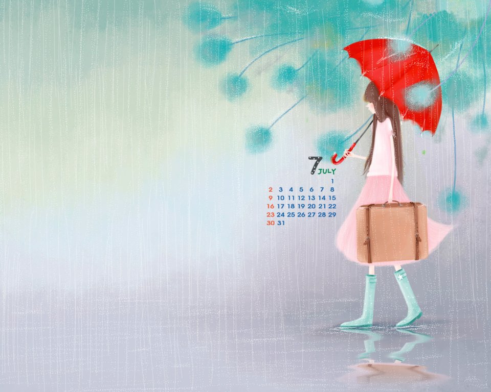 七月雨中撑伞女孩插画日历