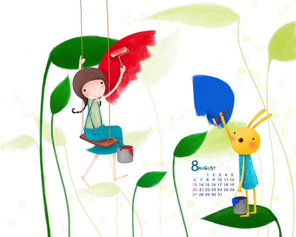 August Calendar Illustration Girl And Rabbit