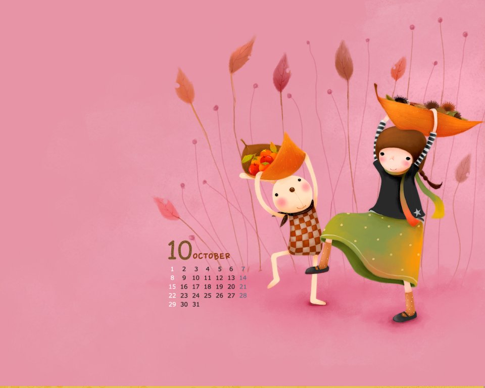 October Autumn Harvest Cute Cartoon Calendar Wallpaper