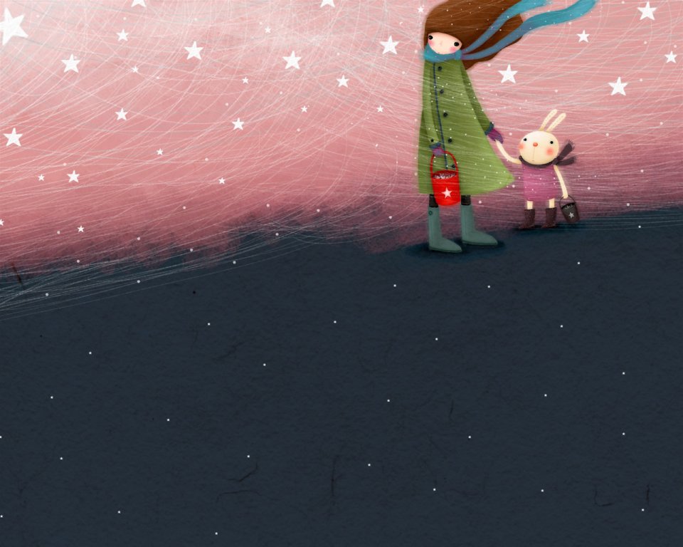 冬日星空下的女孩与兔子插画