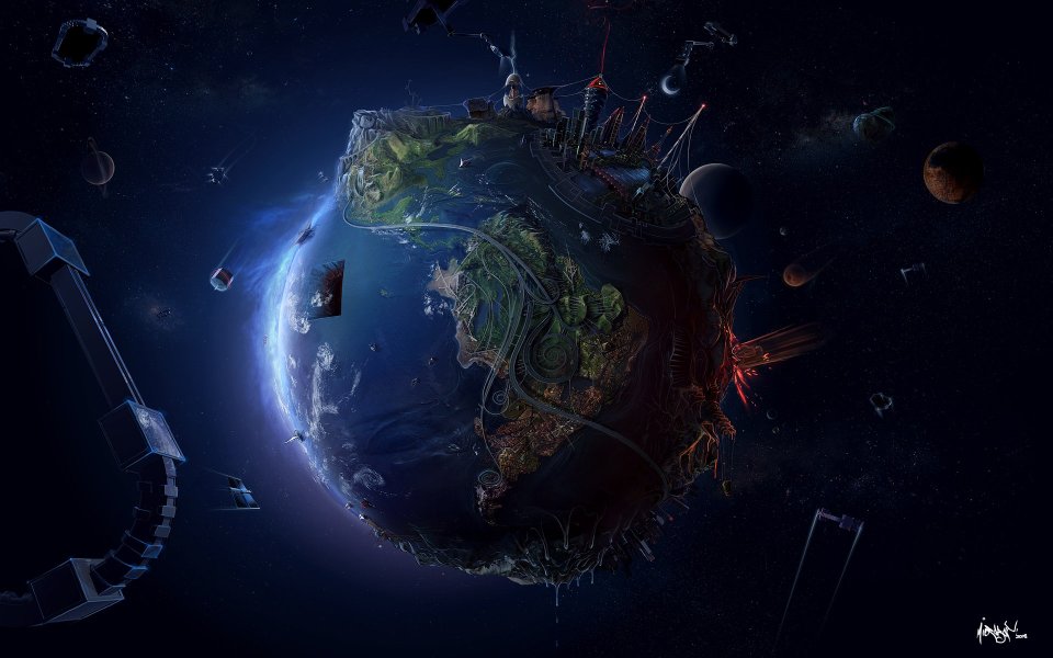 奇幻蓝月异星星球 深空科幻景观插画